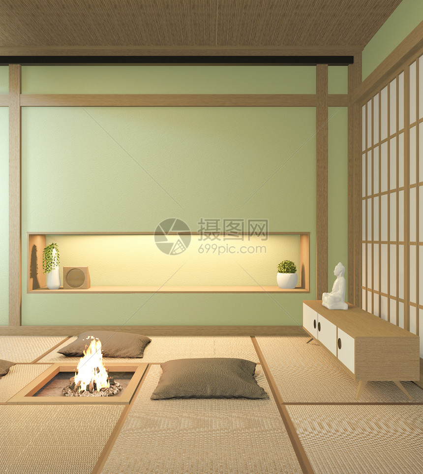 室内设计有门纸和壁架墙的日本式Tatmi垫子地板室图片