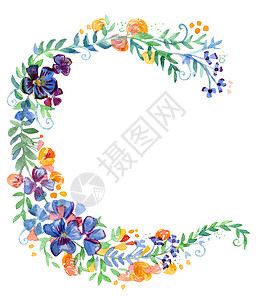 彩色水彩花环水色中的花环纹彩色朵和白背景上孤立的其他植物印刷设计剪贴等理想股票插图背景