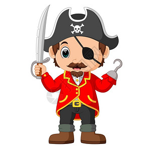 海盗钩拿着的卡通海盗船长插画