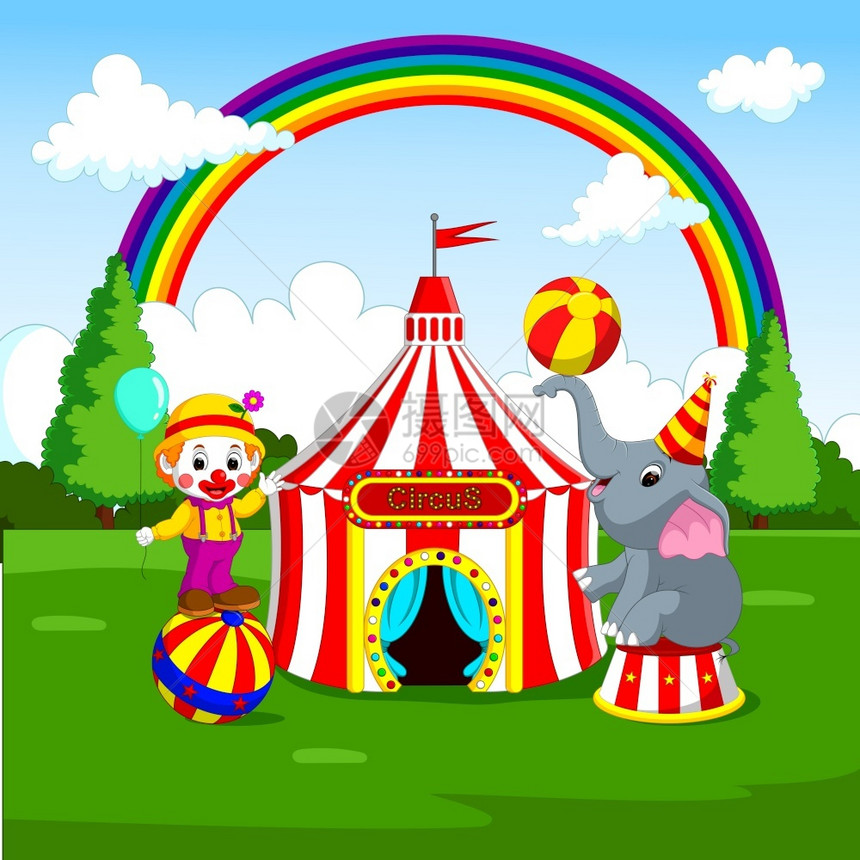 马戏团大象和小丑嘉年华背景图片