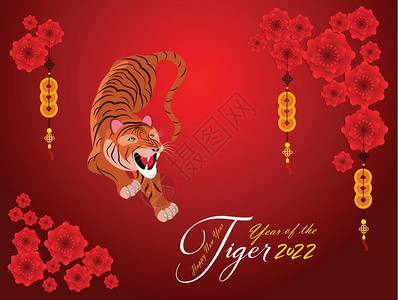 红色背景2022年卡通老虎封面矢量插画设计模板背景图片