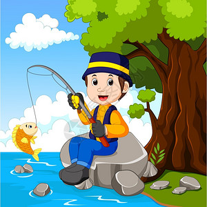 卡通男孩捕鱼图片