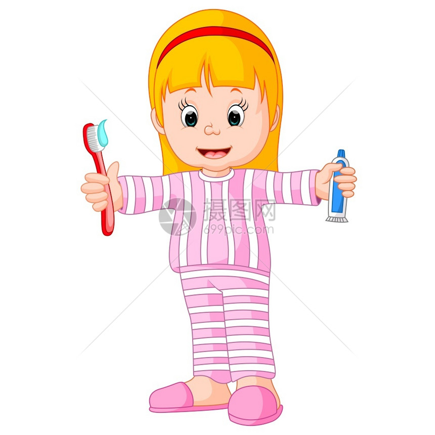 一个女孩在刷牙的卡通图片