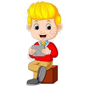 小男孩头顶平板电脑拥有智能手机的卡通商人插画