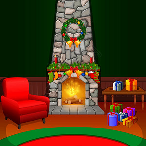 红色壁炉圣诞节客厅有树和壁炉插画