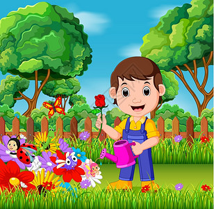 在花园中为花朵浇水的小男孩卡通矢量插画图片