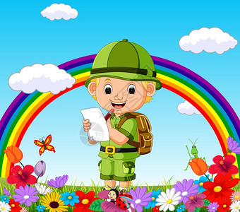 在花丛彩虹背景下的可爱小探险家卡通矢量插画图片