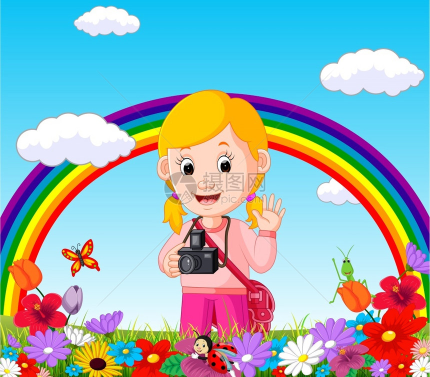 可爱的女孩在花园彩虹下图片