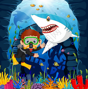 与鲨鱼一起在海中潜水的卡通男孩高清图片