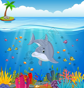 海豚岛海底的卡通海豚插画