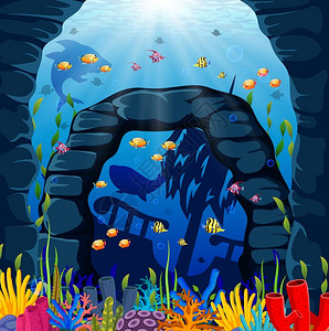 冲绳海水族馆海底热带珊瑚礁插画