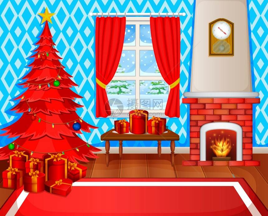 带有xmas树礼物和手椅的圣诞节壁炉图片