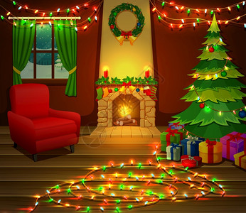 带有圣诞树礼物和手椅的圣诞节壁炉图片