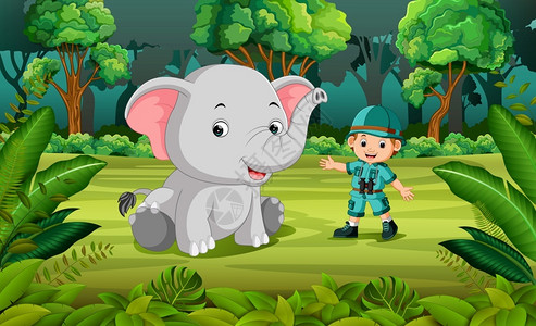 森林管理员大象和丛林中的冒险家插画