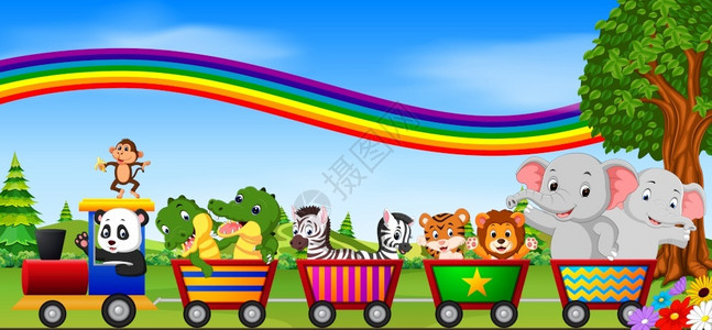 鳄鱼公园火车上带彩虹插图的野生动物插画