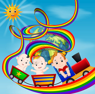 婴儿坐在地球可爱的宝宝在彩虹上坐火车插画