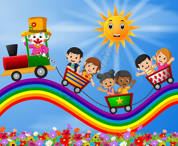 儿童在彩虹上乘火车图片
