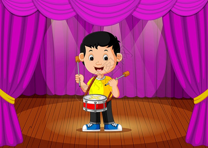 鼓上舞在舞台上打鼓的可爱男孩插画