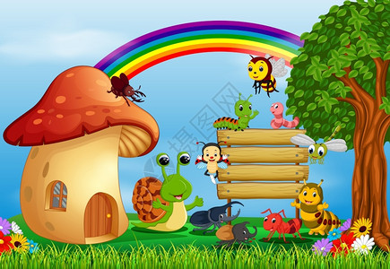 彩虹和树素材森林中许多昆虫和蘑菇屋插画
