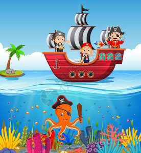 维京海盗海盗船只和洋景点上的儿童插画
