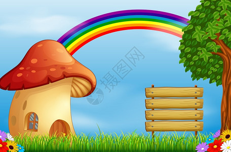 彩虹和树素材红蘑菇屋和森林彩虹插画