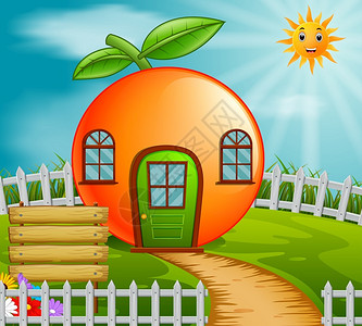 花园中的橙子屋子卡通矢量插画背景图片