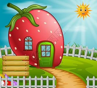 花园中的草莓屋子卡通矢量插画图片