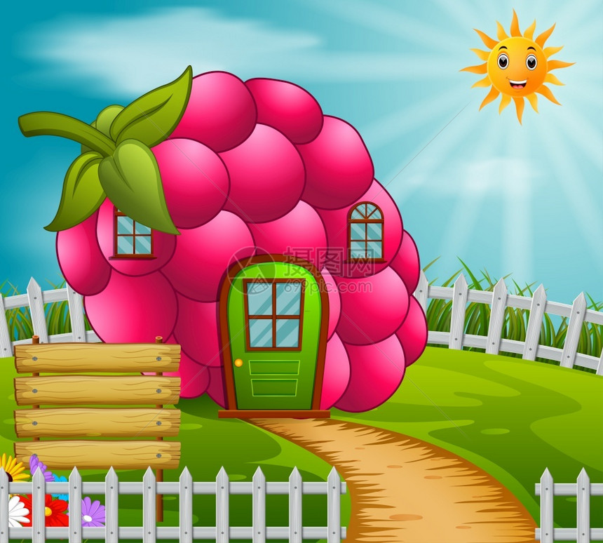 花园中的树莓屋子卡通矢量插画图片