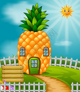 花园中的菠萝屋子卡通矢量插画背景图片