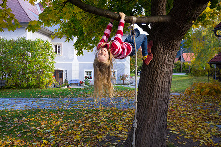 快乐的女孩挂在树上图片