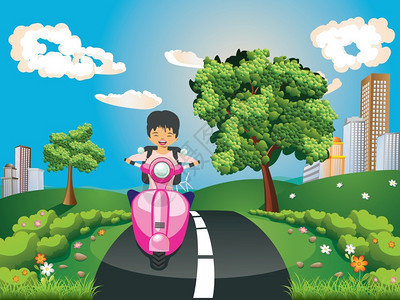在小镇背景中骑摩托车的卡通女孩图片