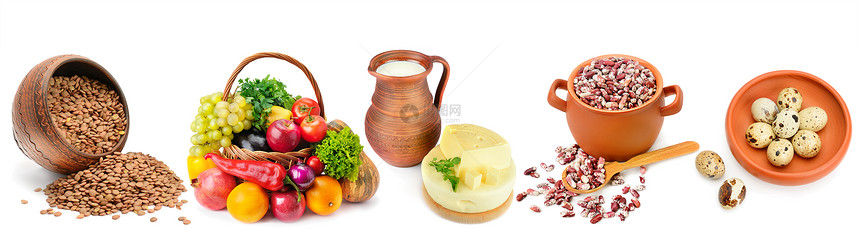 一组天然产品在白色背景上隔离健康的食物全景拼图宽幅照片图片