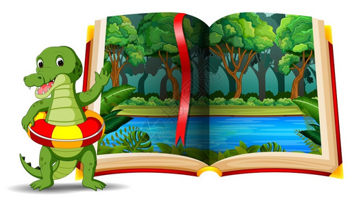 卡通鳄鱼和书中的风景图片