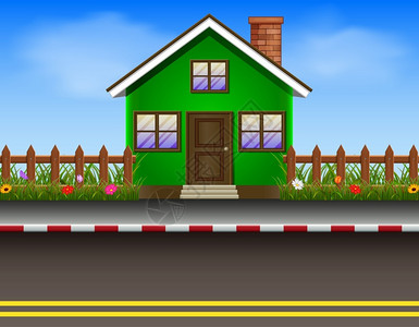 木制农村房子有木栅栏和道路的绿屋设计图片