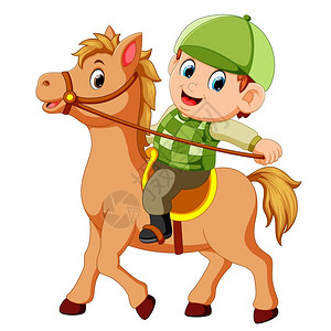 小男孩骑马种马棕色高清图片