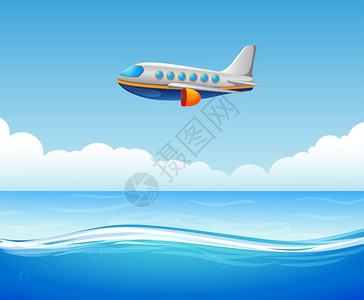 巨无霸一架商业飞机飞越海面插画