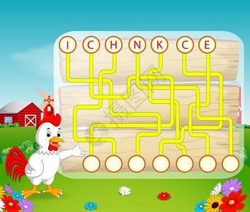 教育迷宫公鸡英语单词解谜游戏插画