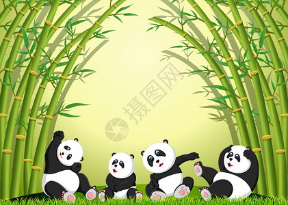 塞满熊猫在竹子下一起玩插画