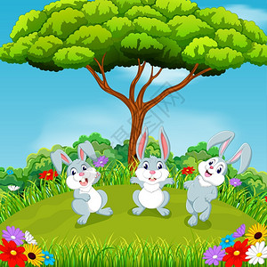 美丽的风景三只兔子一起在大树下玩耍背景图片