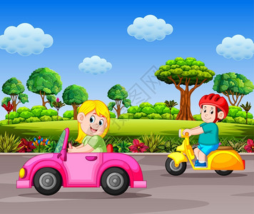 儿童驾驶着汽车在道路上图片