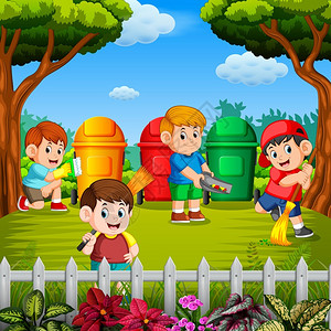 儿童清洁花园将垃圾扔进三个颜色的垃圾桶高清图片