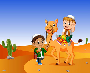 男孩在沙漠里骑骆驼背景图片