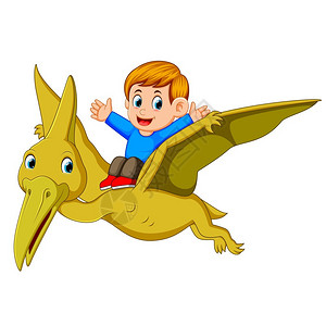 男孩坐在恐龙上飞翔图片