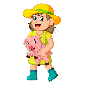 养猪的农女童插画