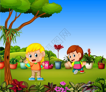 小女孩给植物浇水和小男孩在花园里种植图片