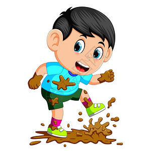 泥泞脚印小男孩在泥中奔跑卡通矢量插画插画