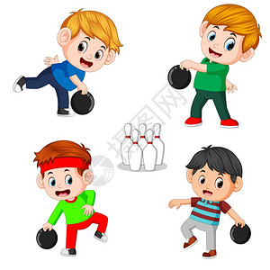 儿童保龄球保龄球员的不同位置插画