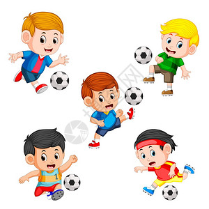 以球会友以不同姿势收集足球儿童运动员插画