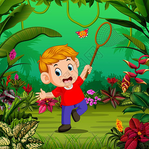 宝宝抓东西男孩想在森林里抓蝴蝶插画