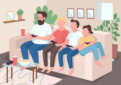 父子居家沙发上玩电子游戏儿童与父母坐在沙发上玩游戏插画